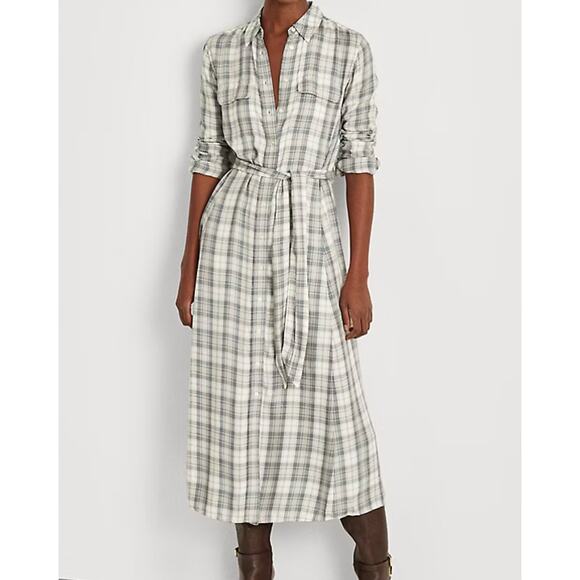 Lauren Ralph Lauren Gray Soft Plaid Twill Long Sleeve Belted Shirtdress Size 10P - Picture 1 of 9